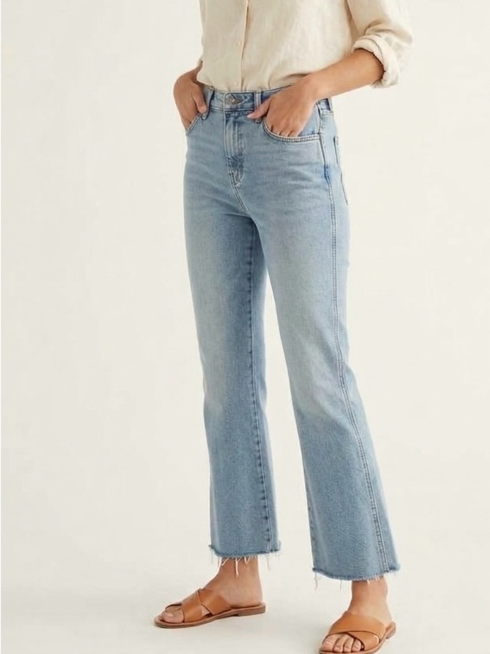 Free People Rita Crop Flare Jeans Blue 28R Boho Casual Side Raw Frayed Hem
